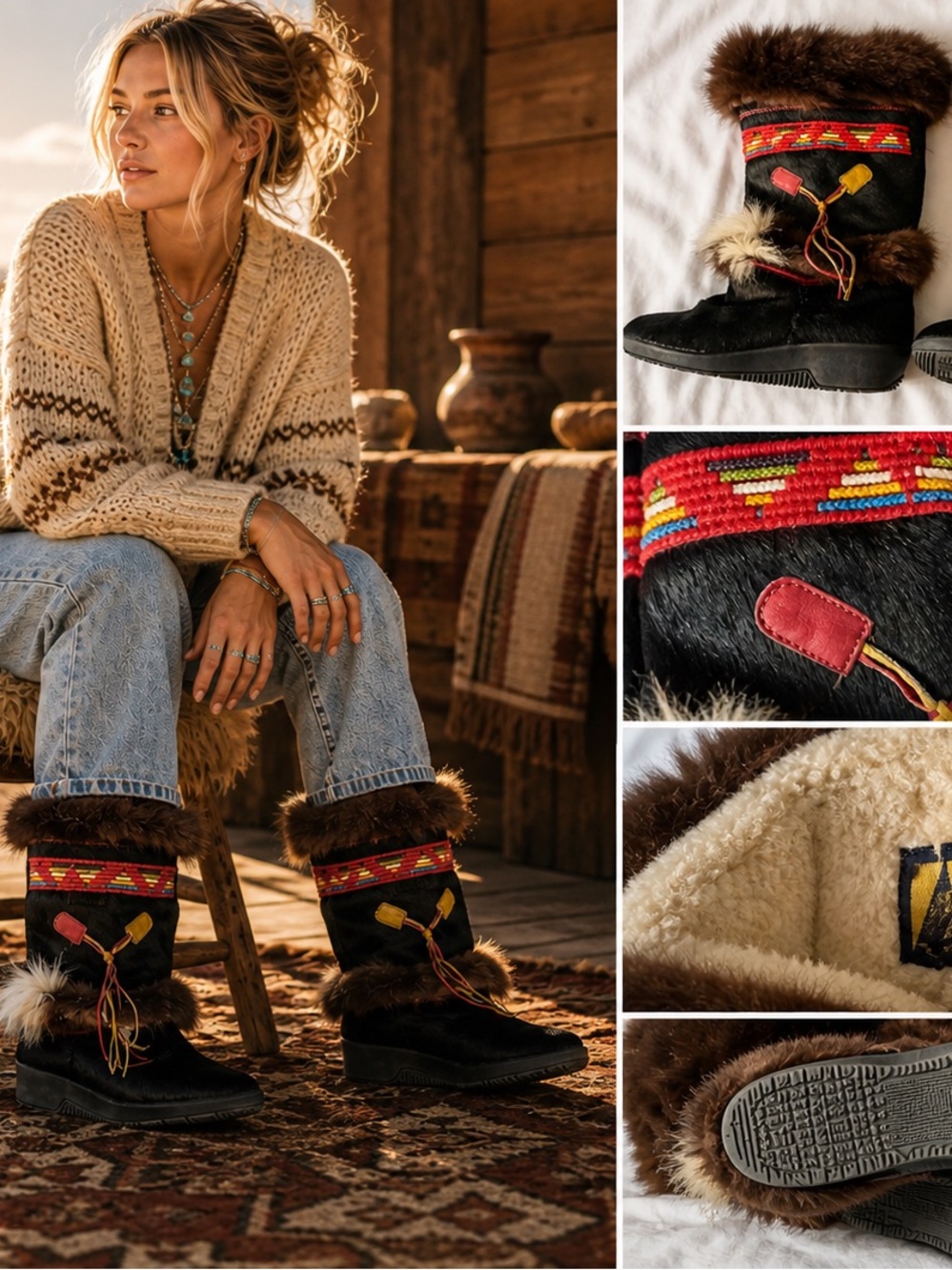Tecnica Fur Mukluk Boots Après Ski Boho Western Winter Luxe Italy Size 8.5